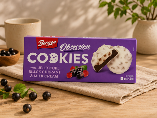 Bergen Cookies with jelly cube black currant& Milk Cream