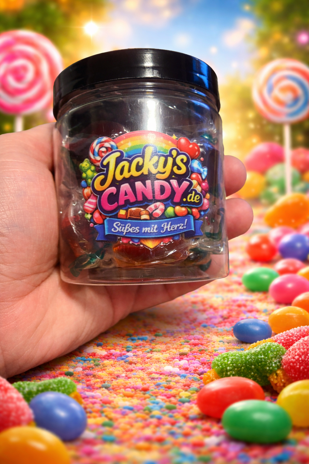 Ein Glas mit bunten Bonbons von „Jacky’s Candy 137 g